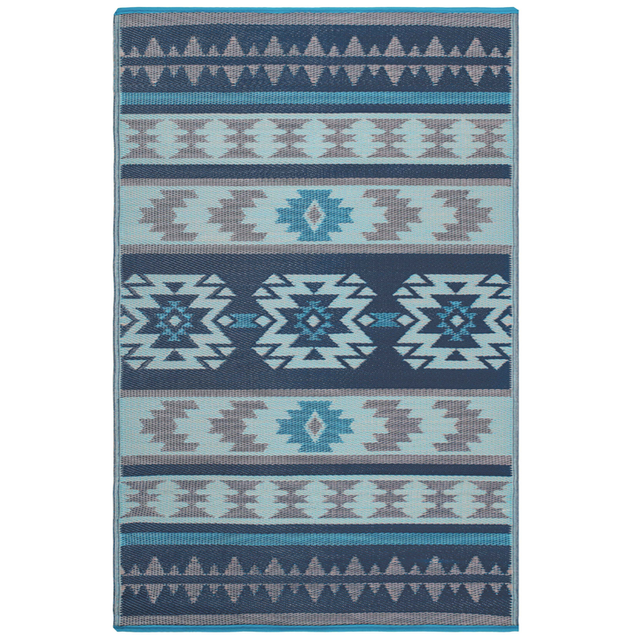 Cusco Tribal Blue Toned Recycled Plastic Reversible Outdoor Area Rug - Recycled Plastic Rugs & Mats Fab Habitat