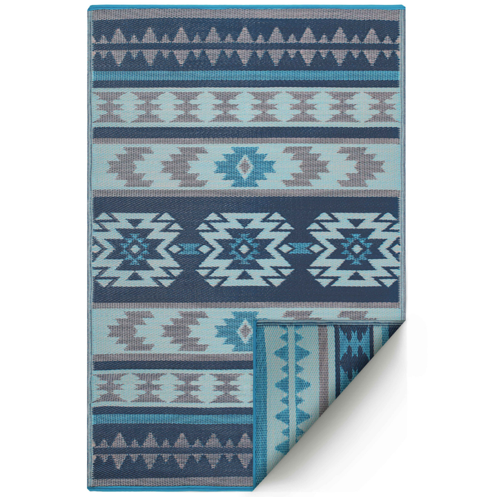 Cusco Tribal Blue Toned Recycled Plastic Reversible Outdoor Area Rug - Recycled Plastic Rugs & Mats Fab Habitat