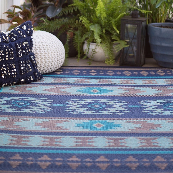 Cusco Tribal Blue Toned Recycled Plastic Reversible Outdoor Area Rug - Recycled Plastic Rugs & Mats Fab Habitat