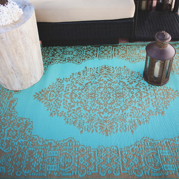 Istanbul Bronze and Aqua Traditional Recycled Plastic Outdoor Rug - Recycled Plastic Rugs & Mats Fab Habitat