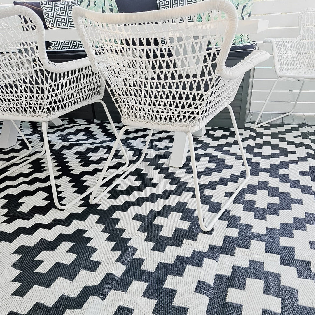 Aztec Black And White Monochrome Recycled Plastic Outdoor Rug - Recycled Plastic Rugs & Mats Fab Habitat