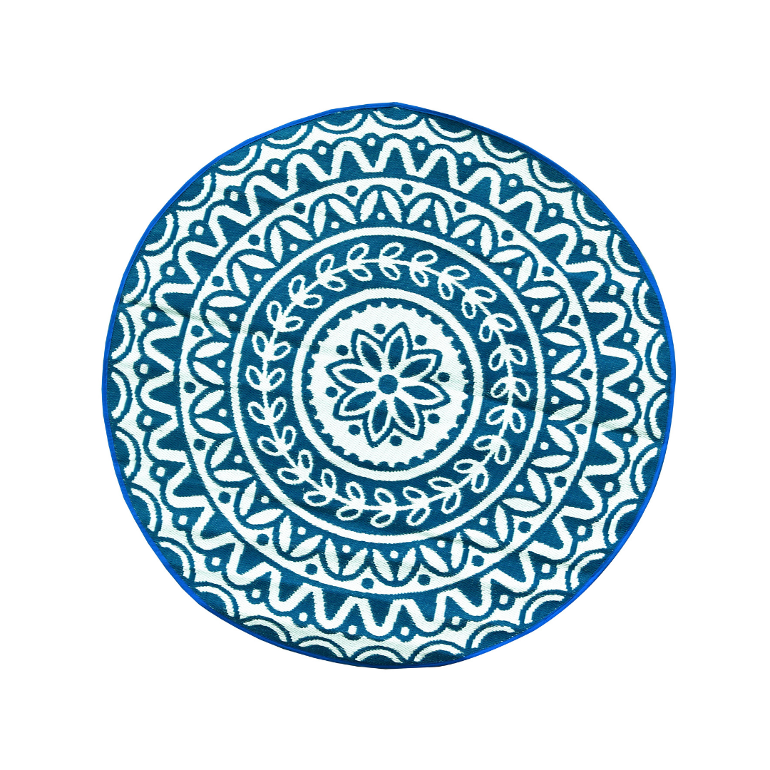 Pushpa Blue and White Floral Reversible Round Large Rug - Recycled Plastic Rugs & Mats Fab Habitat