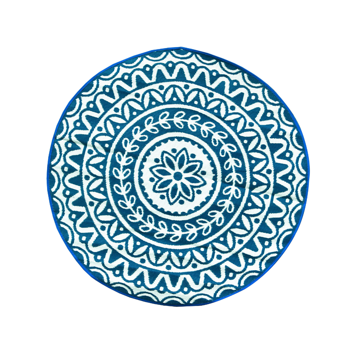 Pushpa Blue and White Floral Reversible Round Large Rug - Recycled Plastic Rugs & Mats Fab Habitat