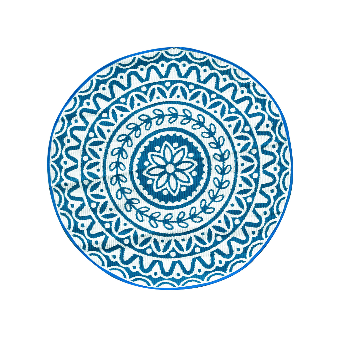 Pushpa Blue and White Floral Reversible Round Large Rug - Recycled Plastic Rugs & Mats Fab Habitat