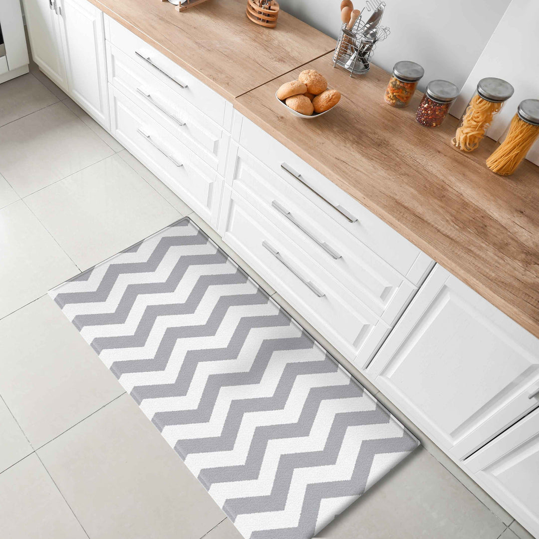 Vento Chevron Grey And White Soft Padded Kitchen Mat - Soft Padded Kitchen Mats Fab Habitat