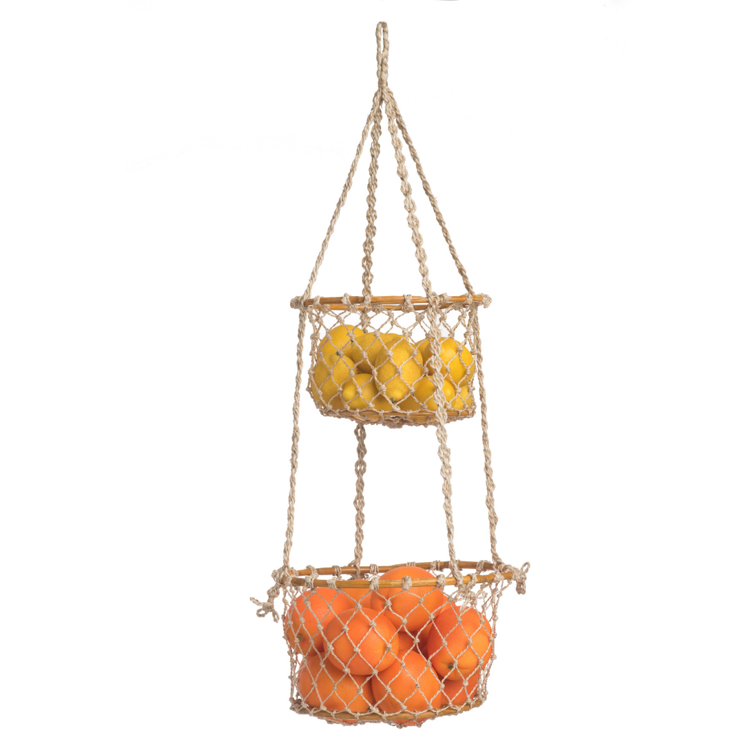 Prairie 2 Tier Jute and Rattan Hanging Storage Basket for Fruits & Vegetables - Storage Baskets Fab Habitat