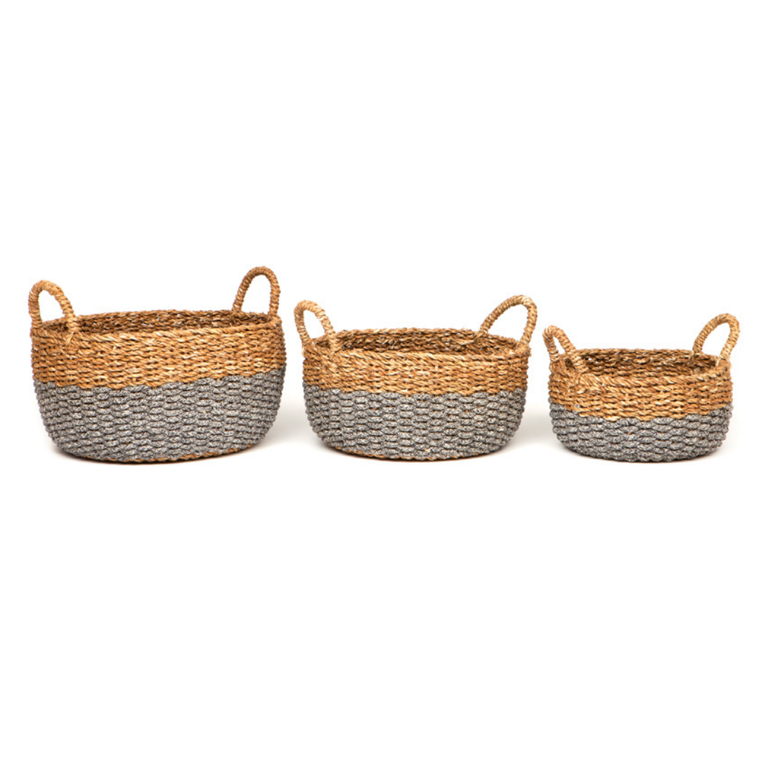 Set of 3 Dohar Handmade Grey Seagrass and Jute Round Storage Basket with Handles - Storage Baskets Fab Habitat