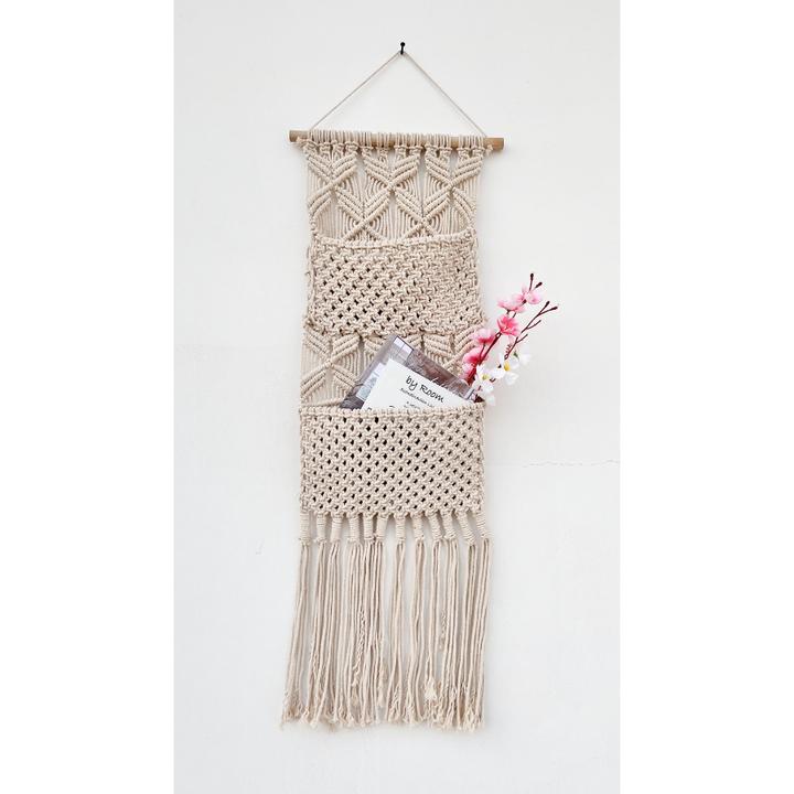 Brong Macramé Wall Hanging Book Holder with Dual Pockets