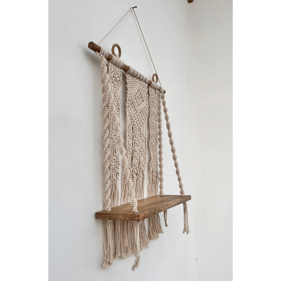 Kibber Handcrafted Macramé Wall Hanging with Wooden Shelf