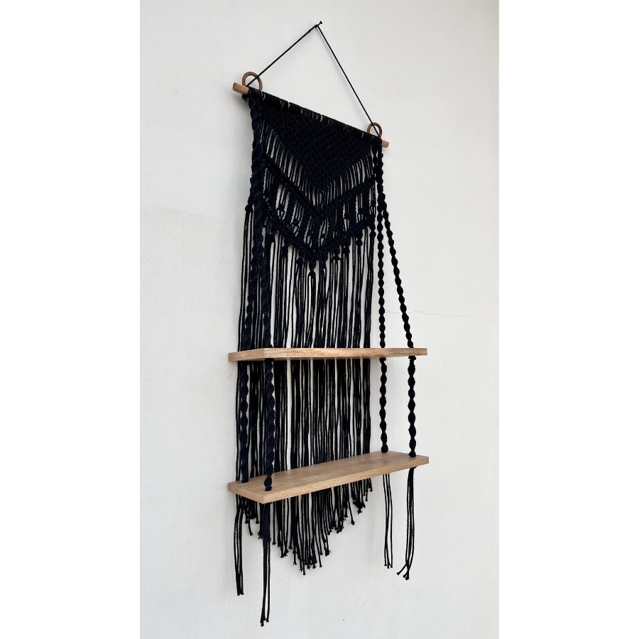 Kalpa Handcrafted Black Macramé Wall Hanging with Dual Wooden Shelves