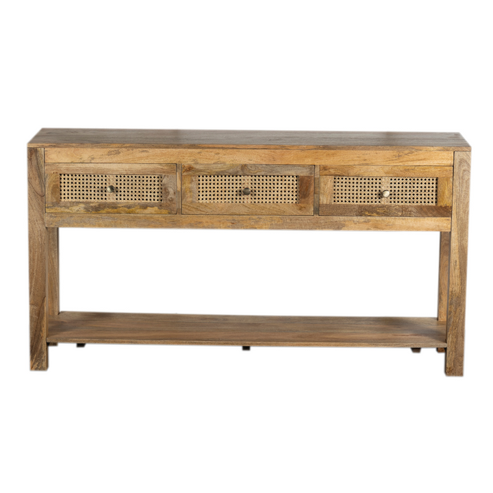 Byron Natural Mango Wood & Rattan Console Table with 3 Drawers - 150cm