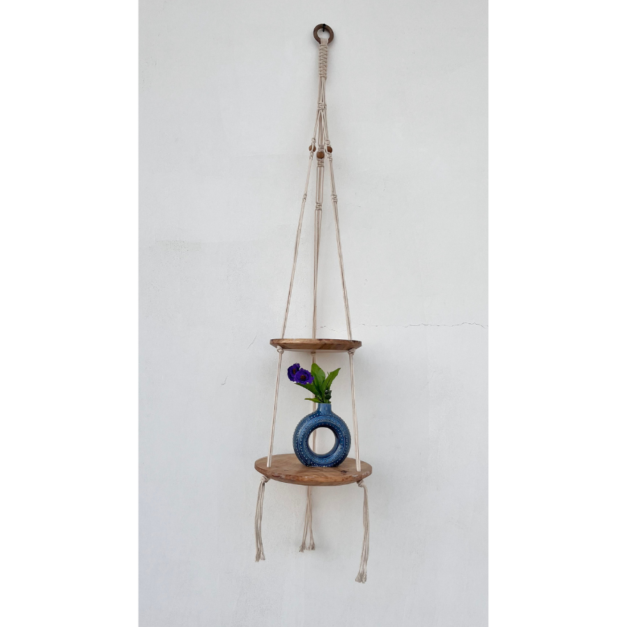 Lho Macramé Hanging Shelf 2-Tier Wooden Floating Shelf