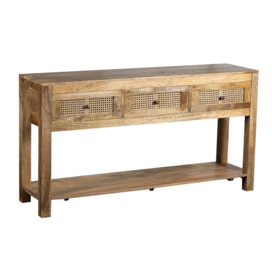 Byron Natural Mango Wood & Rattan Console Table with 3 Drawers - 150cm