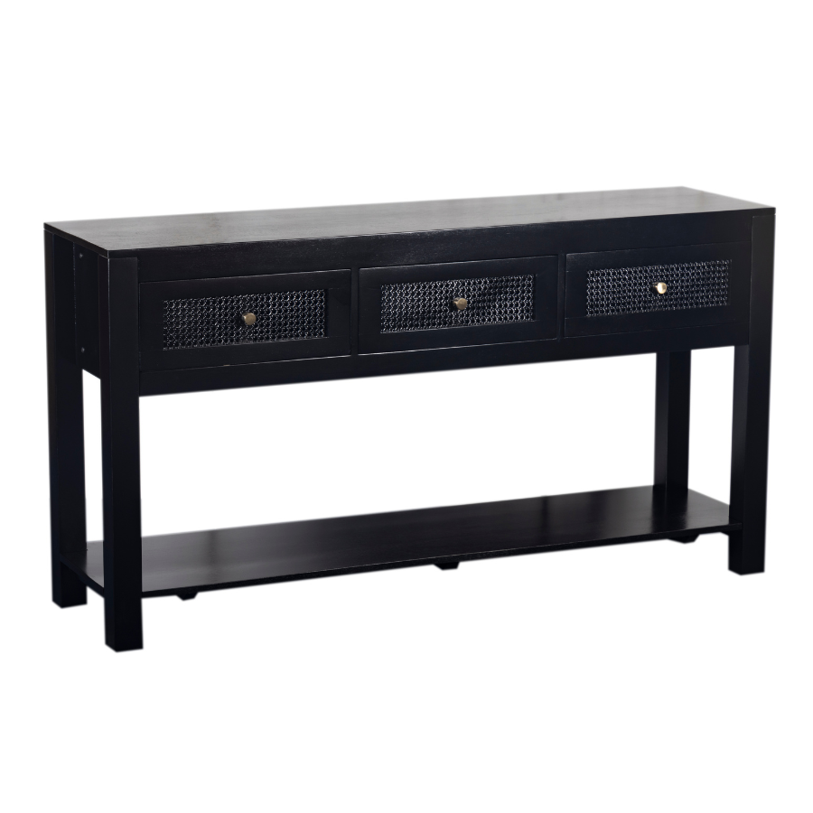 Byron Black Mango Wood & Rattan Console Table with 3 Drawers - 150cm