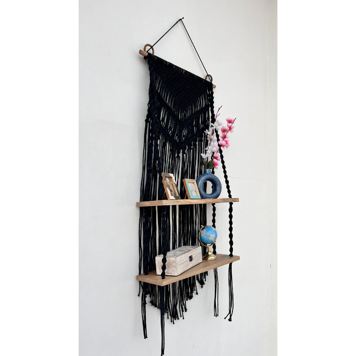 Kalpa Handcrafted Black Macramé Wall Hanging with Dual Wooden Shelves