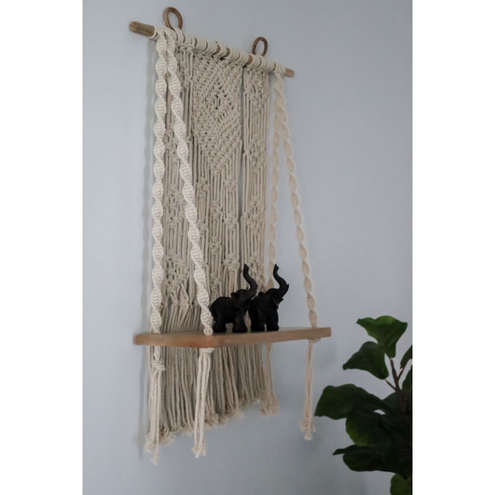 Kibber Handcrafted Macramé Wall Hanging with Wooden Shelf