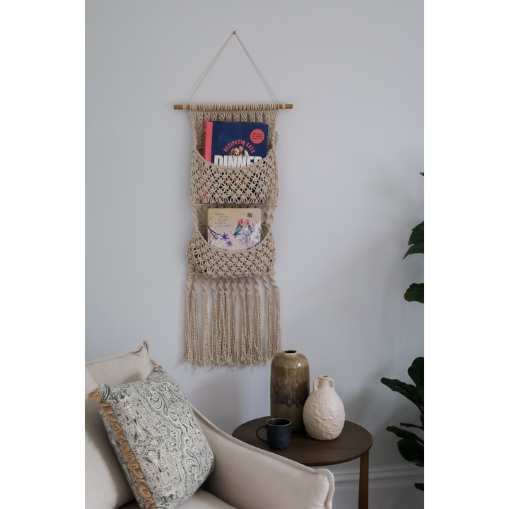 Muland Macramé Wall Hanging Book Holder with Dual Pockets