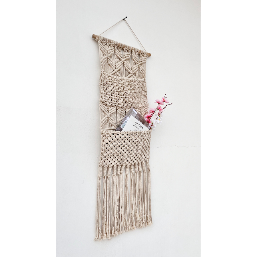 Brong Macramé Wall Hanging Book Holder with Dual Pockets