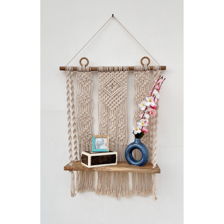 Kibber Handcrafted Macramé Wall Hanging with Wooden Shelf