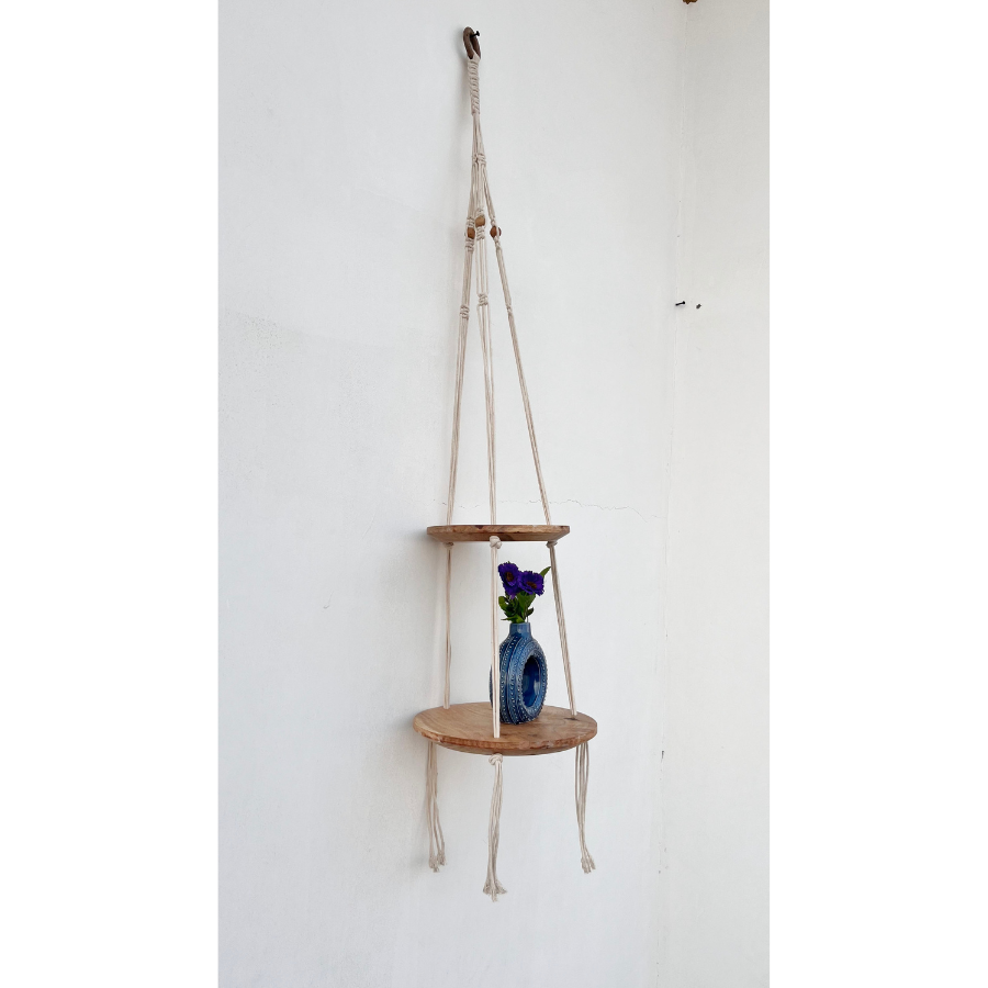 Lho Macramé Hanging Shelf 2-Tier Wooden Floating Shelf