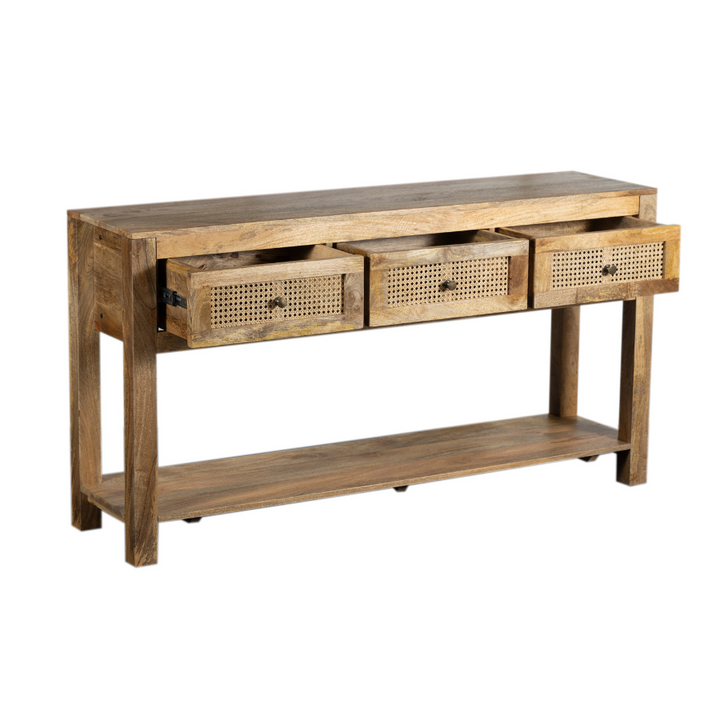 Byron Natural Mango Wood & Rattan Console Table with 3 Drawers - 150cm