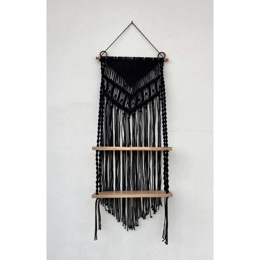 Kalpa Handcrafted Black Macramé Wall Hanging with Dual Wooden Shelves