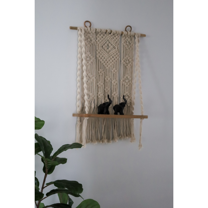 Kibber Handcrafted Macramé Wall Hanging with Wooden Shelf