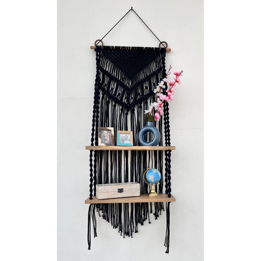 Kalpa Handcrafted Black Macramé Wall Hanging with Dual Wooden Shelves