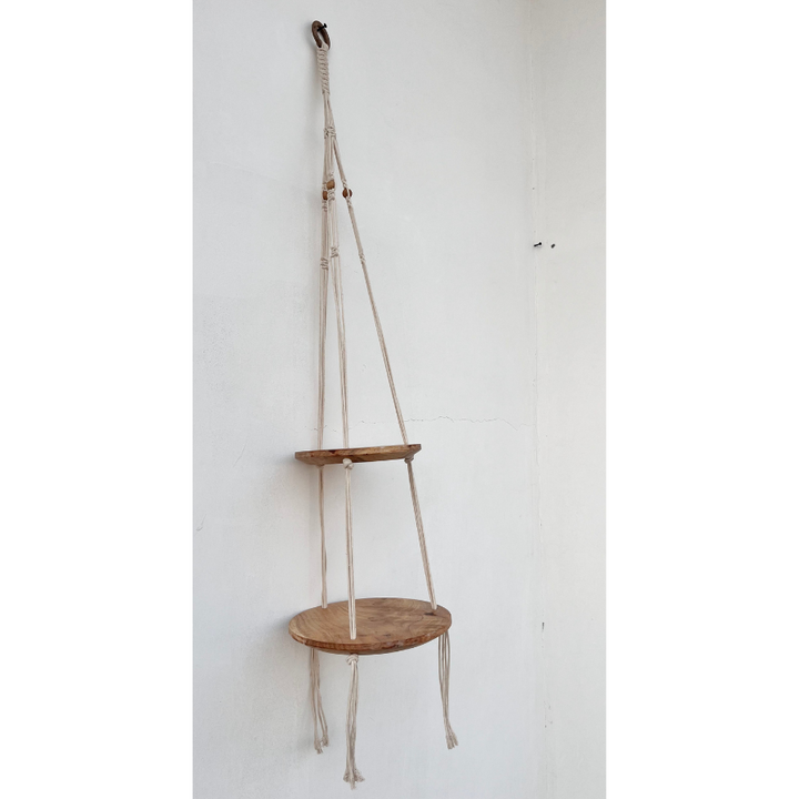 Lho Macramé Hanging Shelf 2-Tier Wooden Floating Shelf