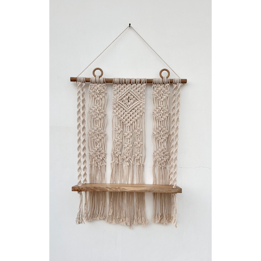 Kibber Handcrafted Macramé Wall Hanging with Wooden Shelf