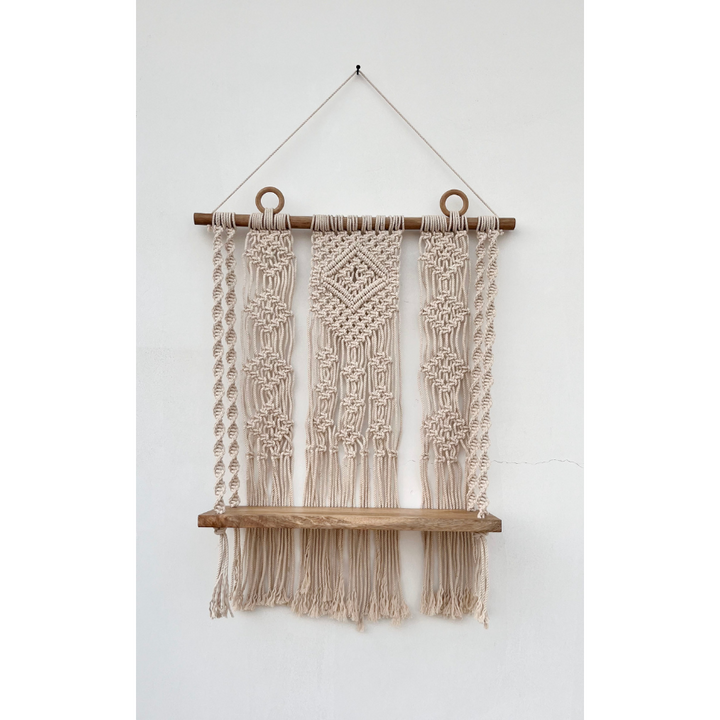 Kibber Handcrafted Macramé Wall Hanging with Wooden Shelf