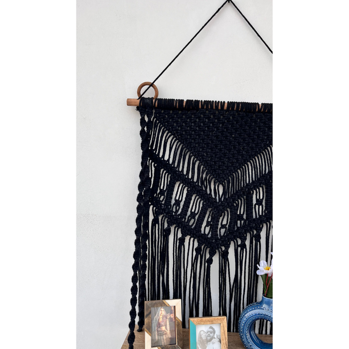 Kalpa Handcrafted Black Macramé Wall Hanging with Dual Wooden Shelves