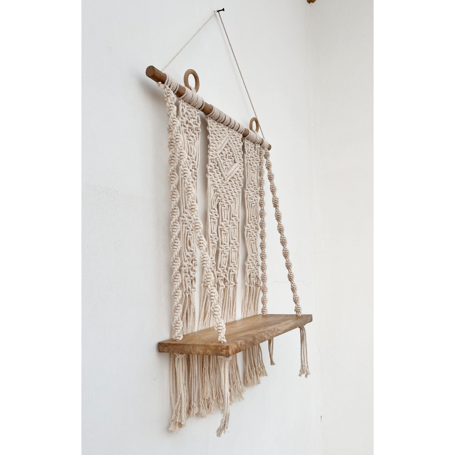 Kibber Handcrafted Macramé Wall Hanging with Wooden Shelf