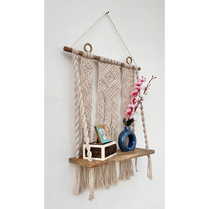 Kibber Handcrafted Macramé Wall Hanging with Wooden Shelf