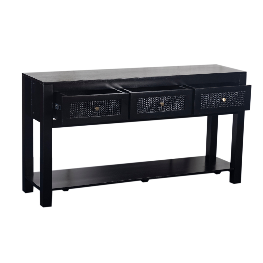 Byron Black Mango Wood & Rattan Console Table with 3 Drawers - 150cm