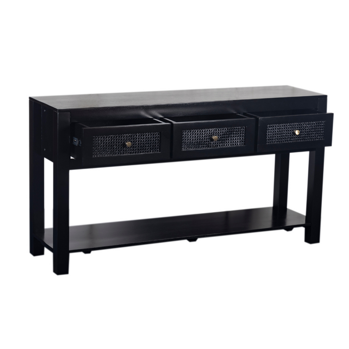 Byron Black Mango Wood & Rattan Console Table with 3 Drawers - 150cm