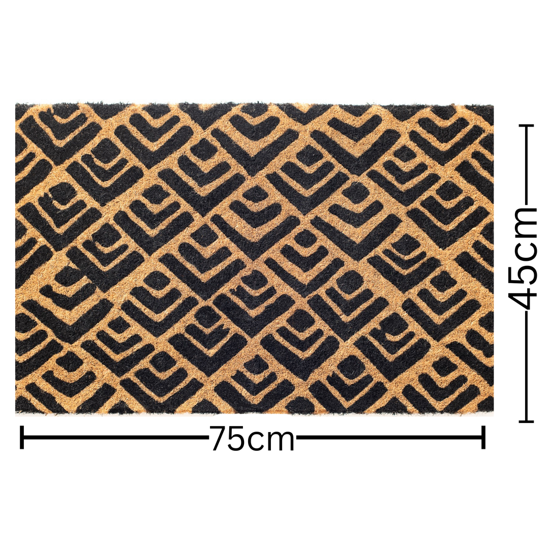 45x75 cm Block Print Natural and Black Geometrical Coir Doormat