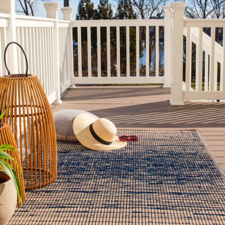 Brooklyn Navy and White Modern Recycled Plastic Reversible Outdoor Area Rug