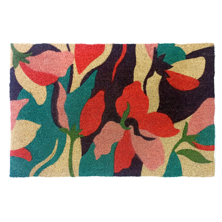 Flowers Blue PVC Backed Coir Doormat