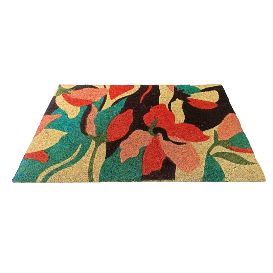 Flowers Blue PVC Backed Coir Doormat