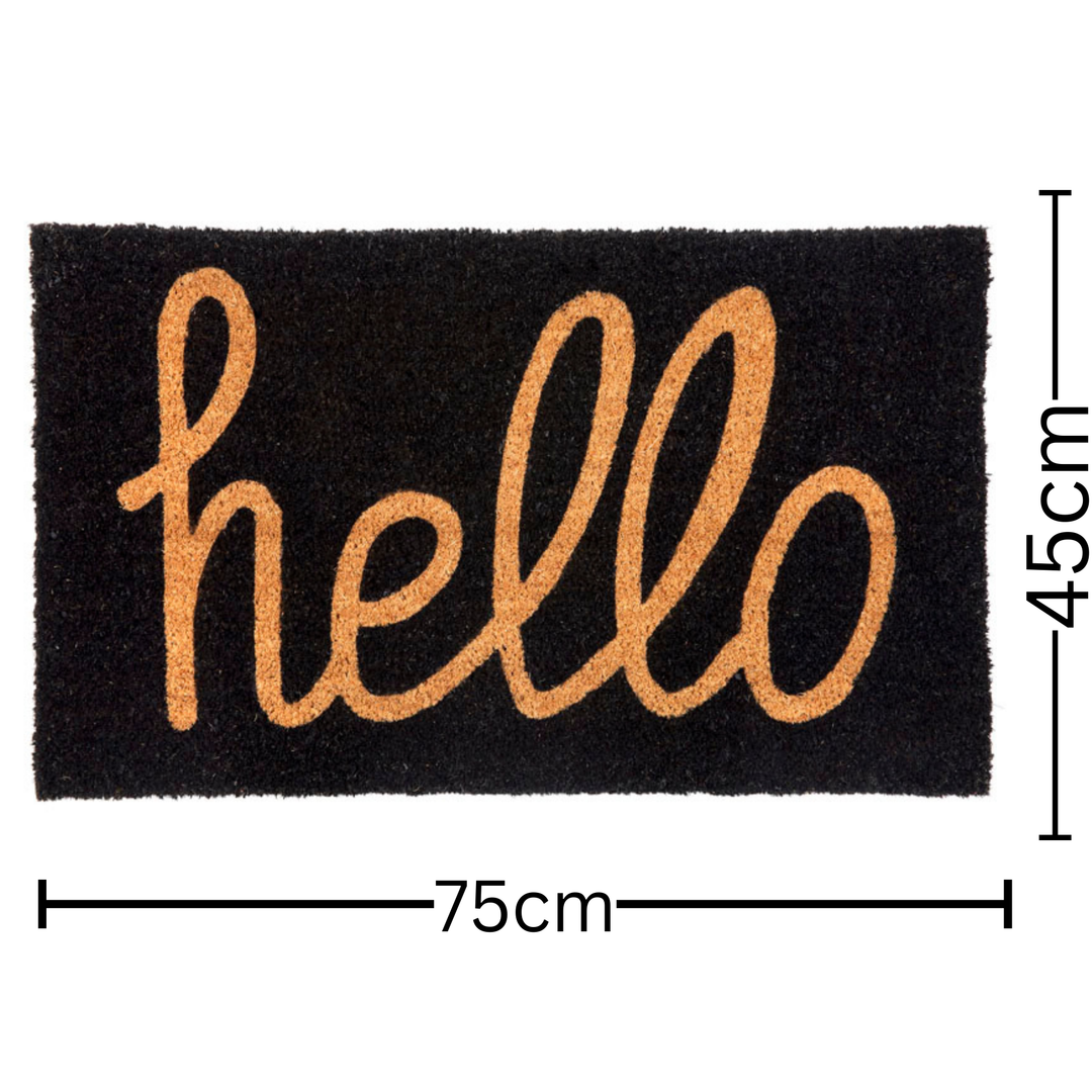 Hello Black And Natural PVC Backed Coir Doormat