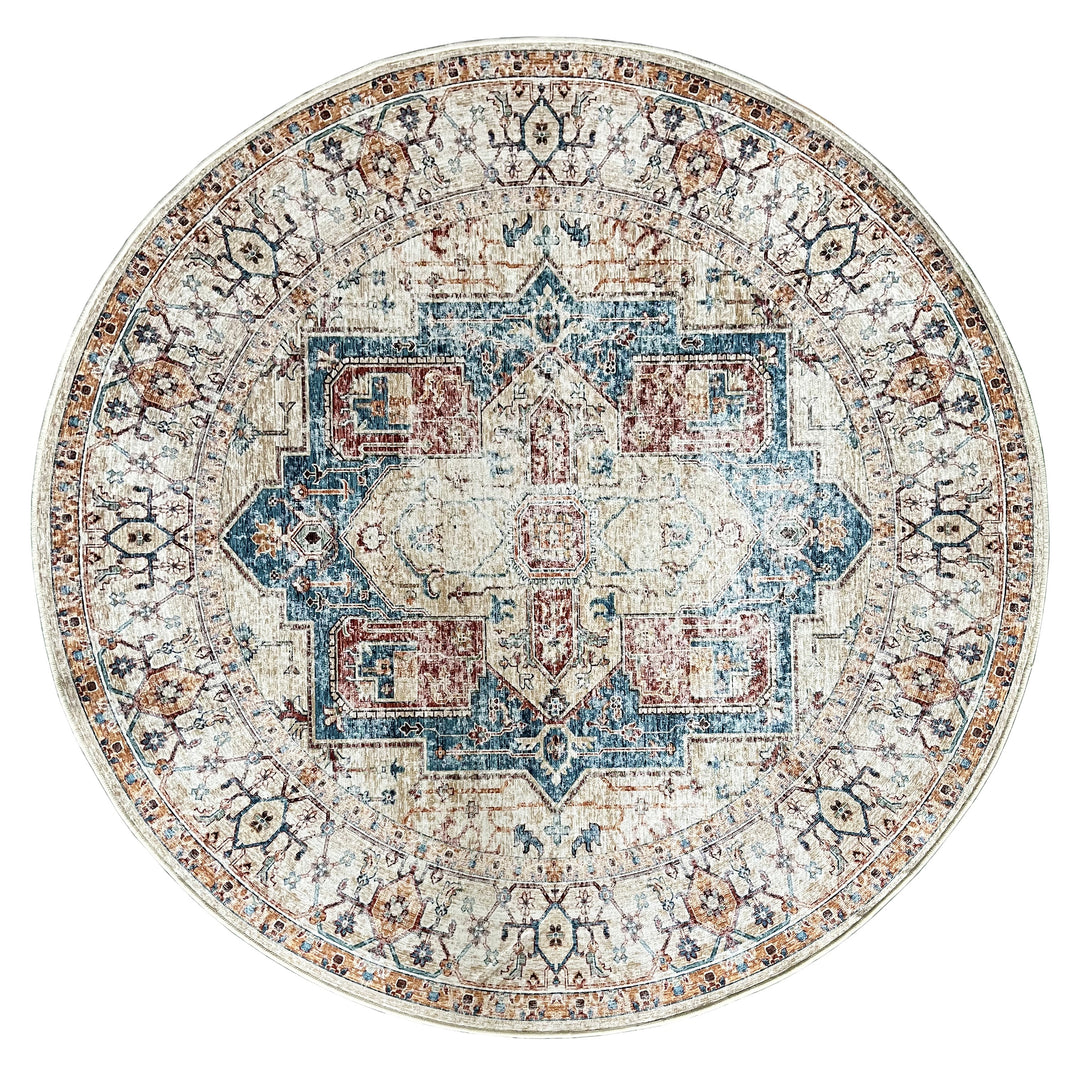 Maja Multicoloured Traditional Distressed Round Non Slip Area Rug