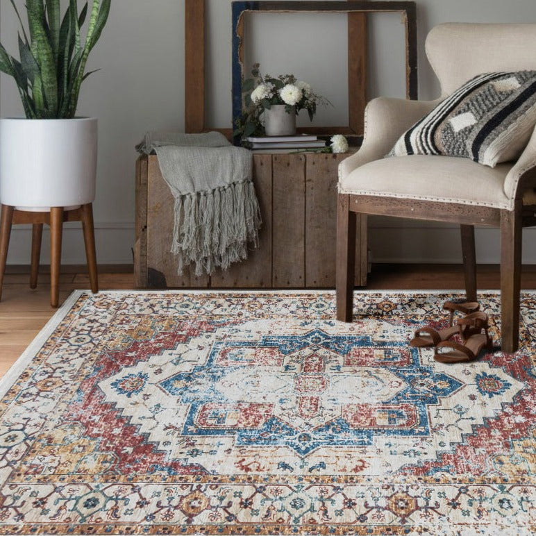 Maja Multicoloured Traditional Distressed Non Slip Large Rug