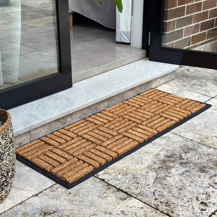 Parquet Tiles Geometrical Rubber Bordered Long Coir Doormat