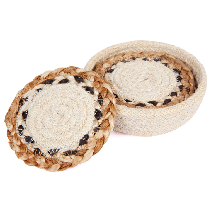 Set of 4 Linnet 10 cm Natural Jute Braided Round Coaster - Coasters Fab Habitat