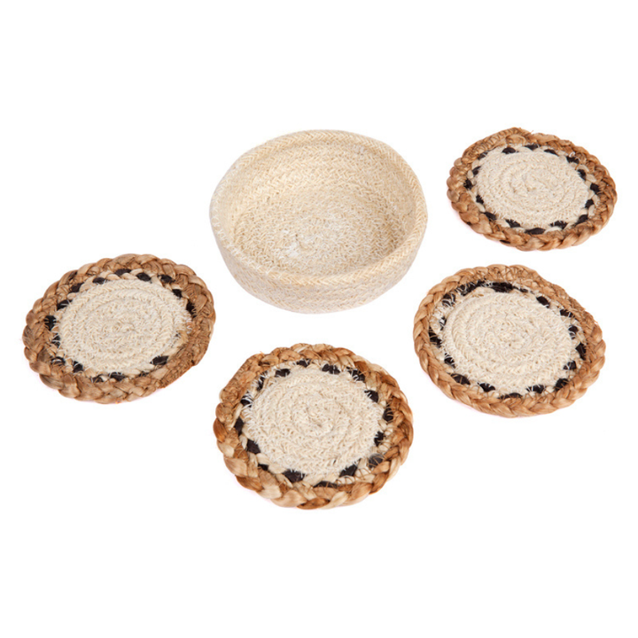 Set of 4 Linnet 10 cm Natural Jute Braided Round Coaster - Coasters Fab Habitat