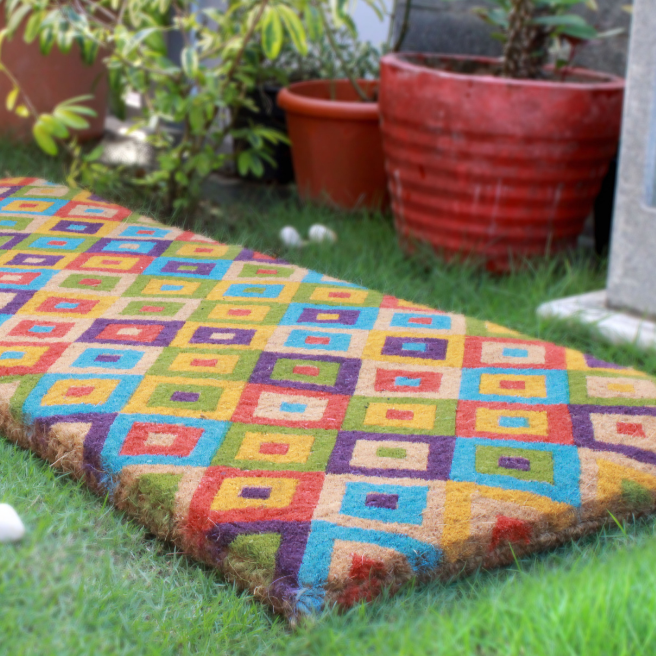 Saman Multicolour Diamond Thick Coir Long Door Mat - Doormats Fab Habitat