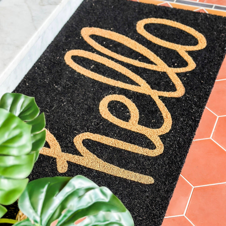 Black And Natural PVC Backed Long Hello Doormat - Doormats Fab Habitat