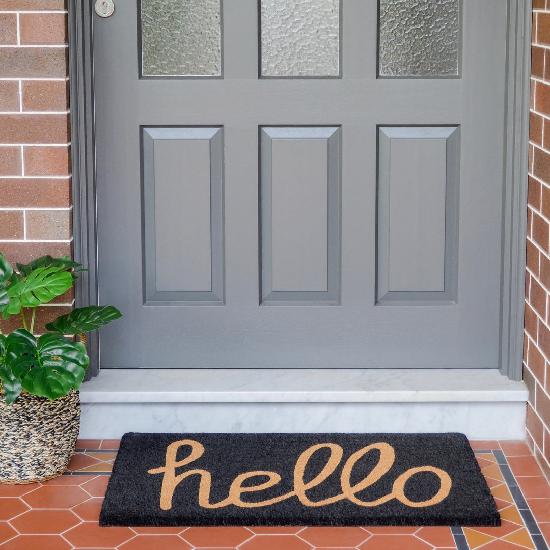 Black And Natural PVC Backed Long Hello Doormat - Doormats Fab Habitat