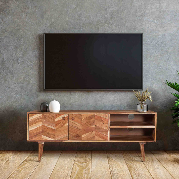 Flinders Herringbone 2 Doors & 2 Shelves Mango Wood Entertainment TV Unit with Storage